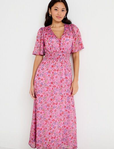 Robe longue &eacute;vas&eacute;e voile manches courtes rose femme