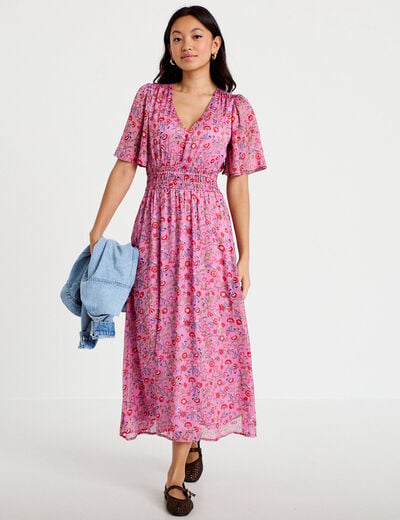 Robe longue &eacute;vas&eacute;e voile manches courtes rose femme