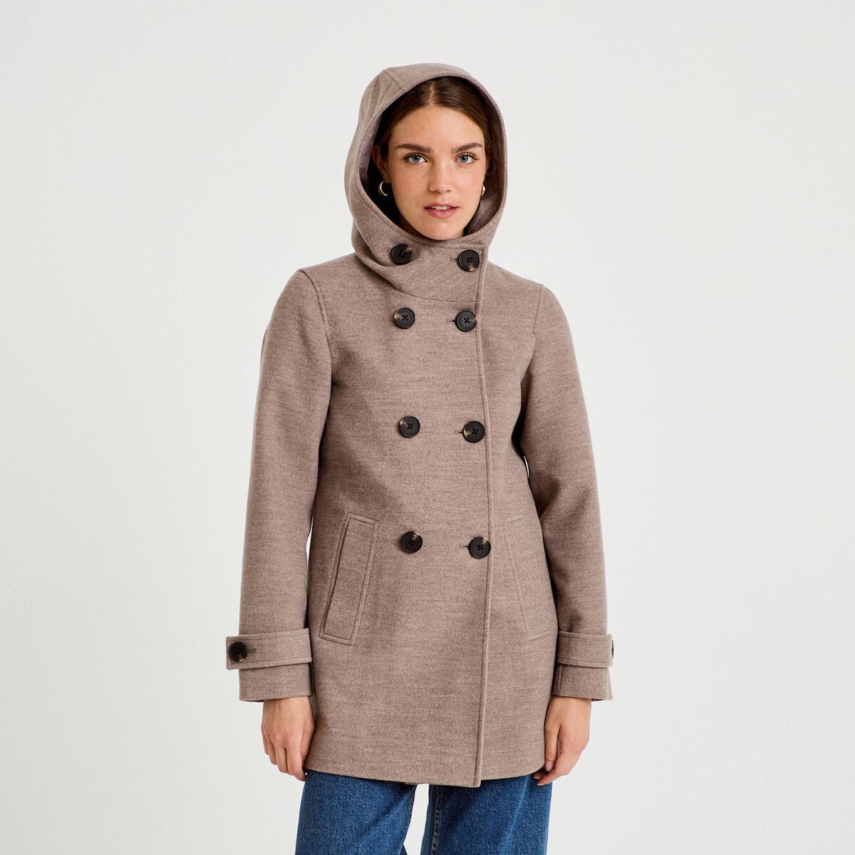 manteau ajust&eacute; 3/4 &agrave; capuche taupe femme