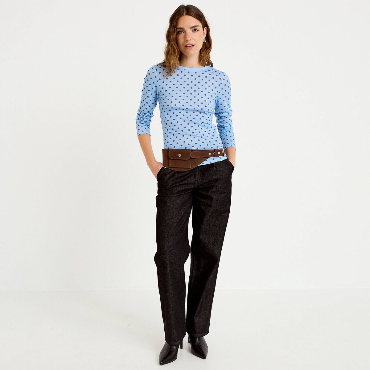 T-shirt ajust&eacute; col rond manches longues bleu ciel femme