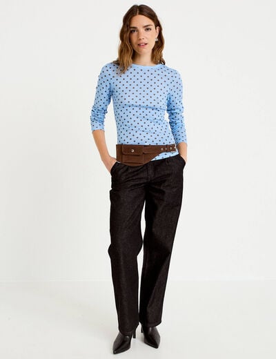 T-shirt ajust&eacute; col rond manches longues bleu ciel femme