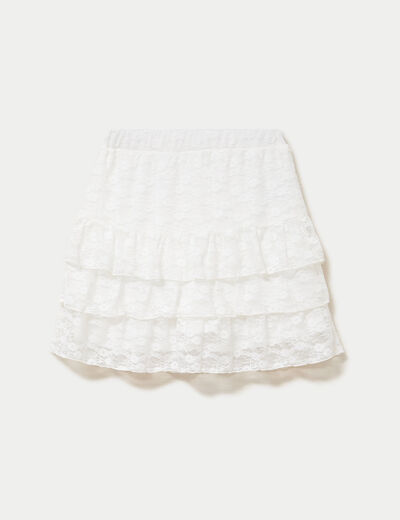 Jupe courte trap&egrave;ze en dentelle ecru femme