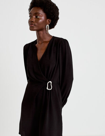 Robe courte &eacute;vas&eacute;e col v manches longues noir femme
