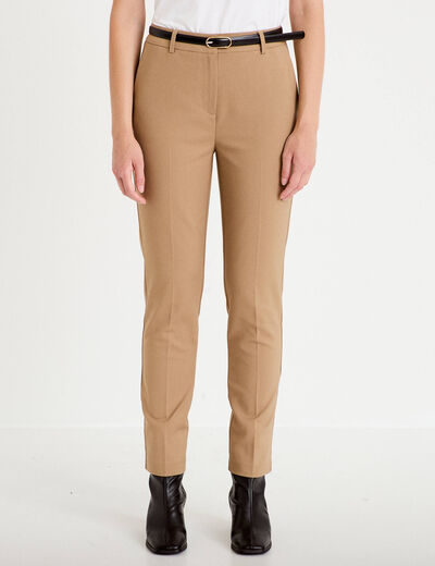 Pantalon cigarette ceintur&eacute; beige femme