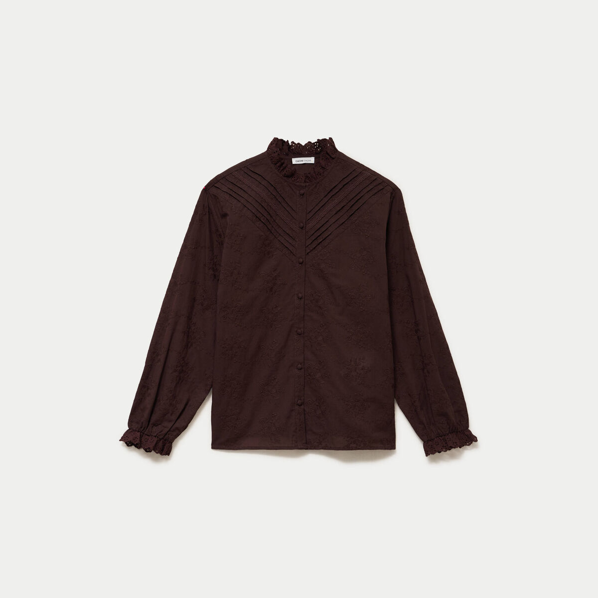 Blouse ample col montant manches longues marron fonc&eacute; femme