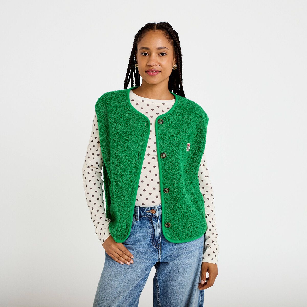 Veste sans manches fausse fourrure vert fonc&eacute; femme