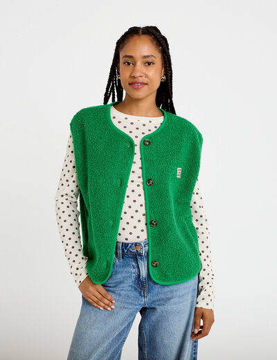 Veste sans manches fausse fourrure vert fonc&eacute; femme
