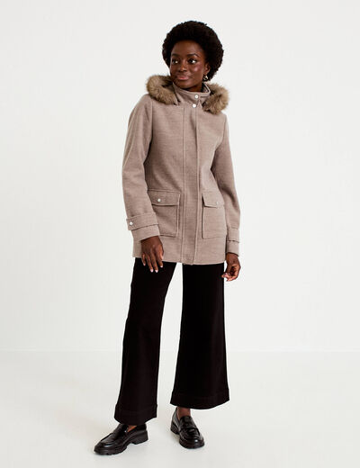 Manteau mi-long &agrave; capuche taupe femme