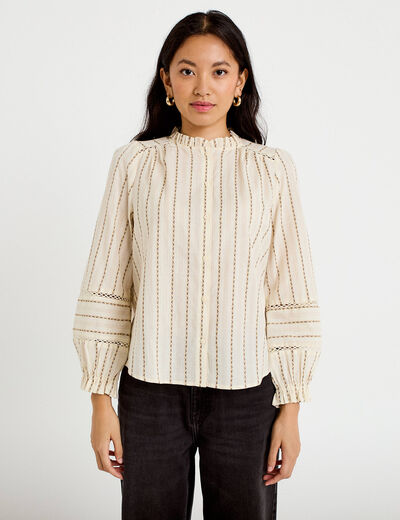 Blouse ajour&eacute;e manches longues marron femme