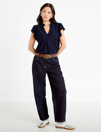 Blouse ajour&eacute;e col v manches courtes bleu marine femme