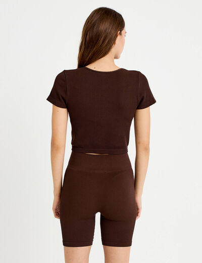 Crop top sans couture col rond marron fonc&eacute; femme