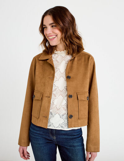 Veste droite cropped aspect daim camel femme