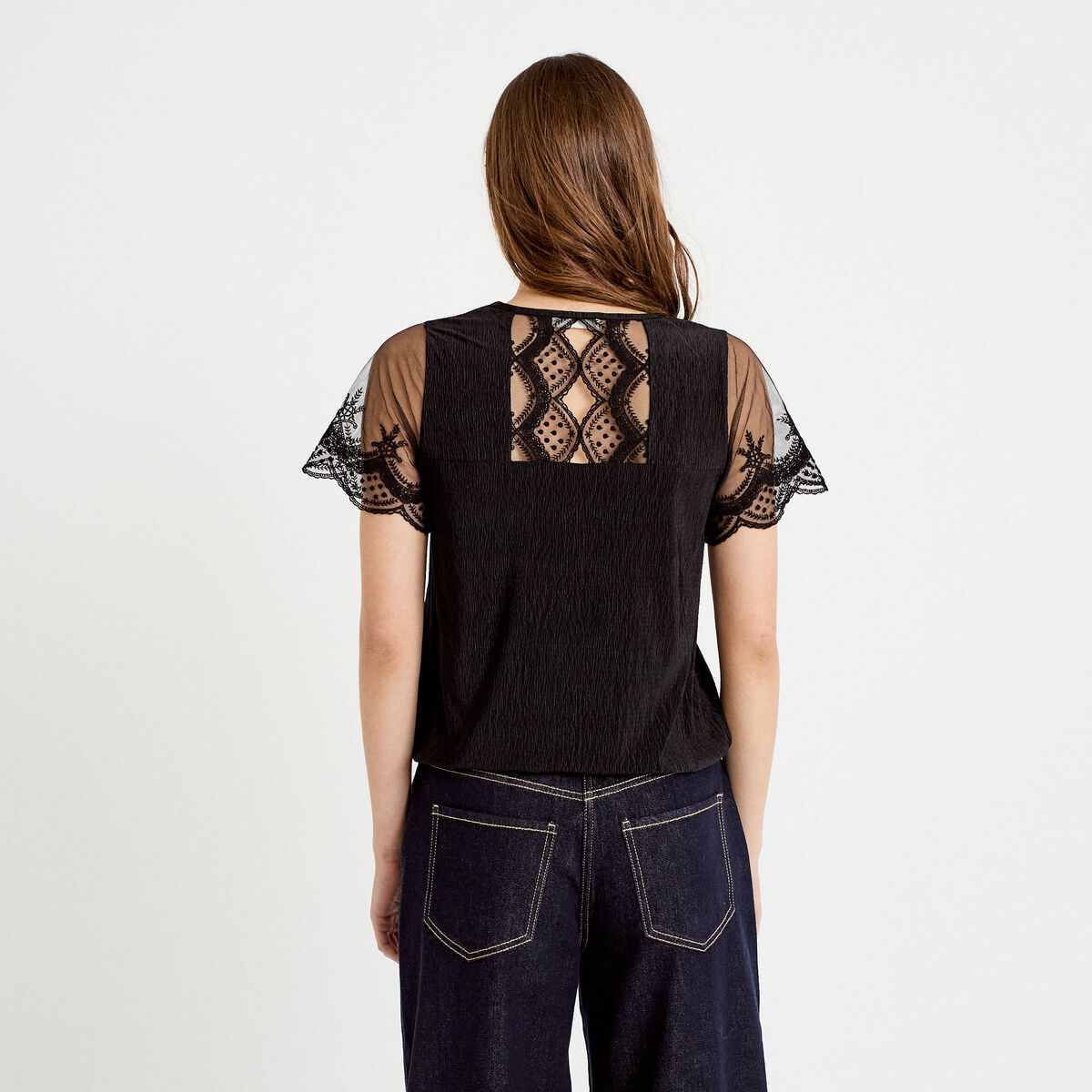 Blouse col v manches courtes dentelle noir femme