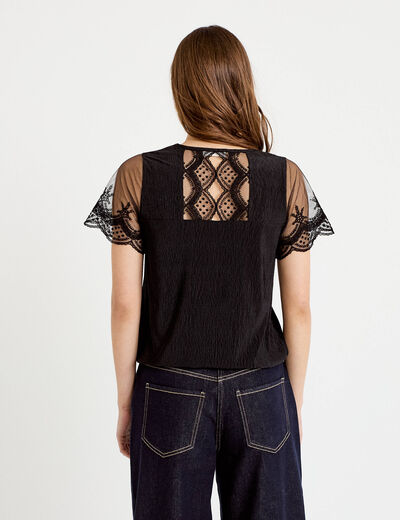 Blouse col v manches courtes dentelle noir femme