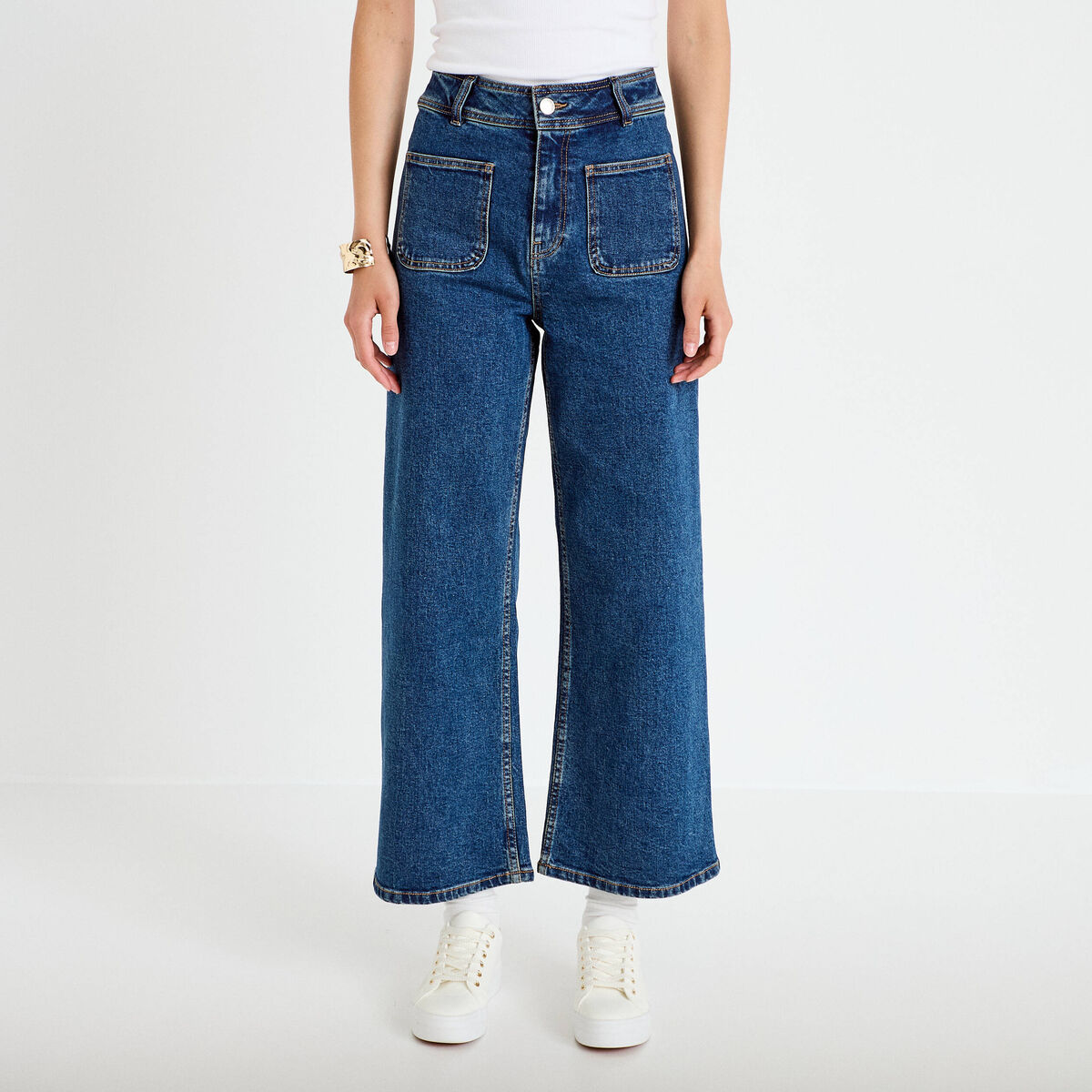 Jean wide leg cropped taille haute denim stone femme