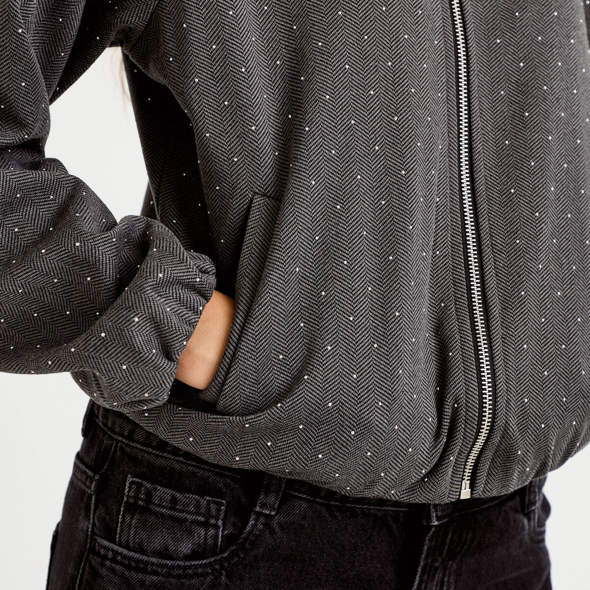 Veste effet boule col montant tweed noir femme