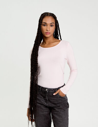 T-shirt uni &agrave; manches longues rose clair femme