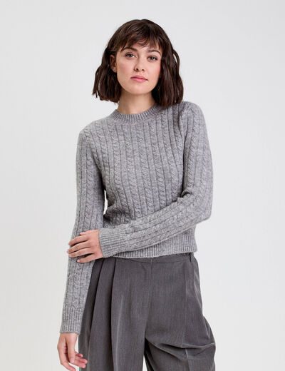 Pull ajust&eacute; col rond manches longues gris fonc&eacute; femme