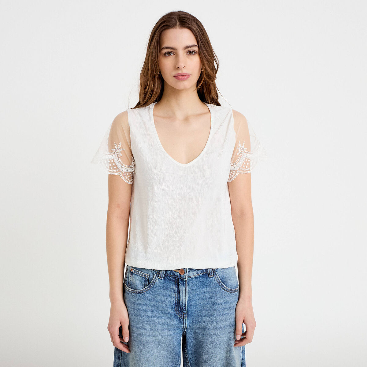Blouse col v manches courtes dentelle ecru femme
