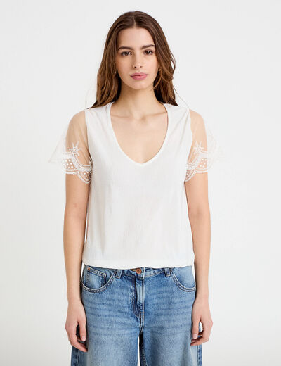 Blouse col v manches courtes dentelle ecru femme