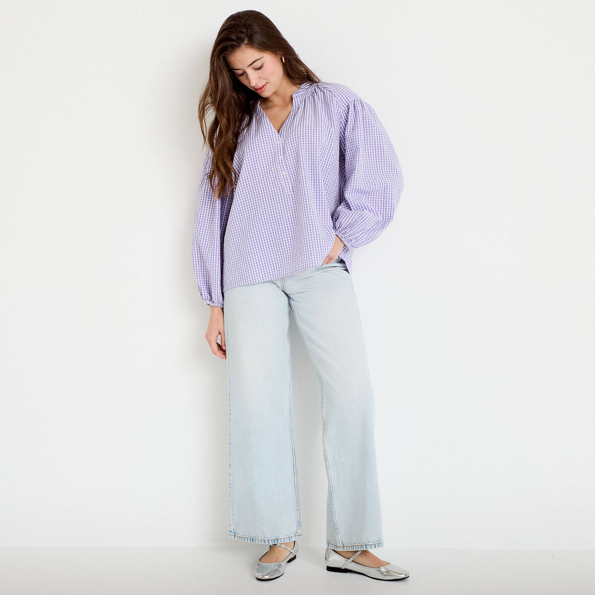 Blouse vichy brod&eacute;e violet femme