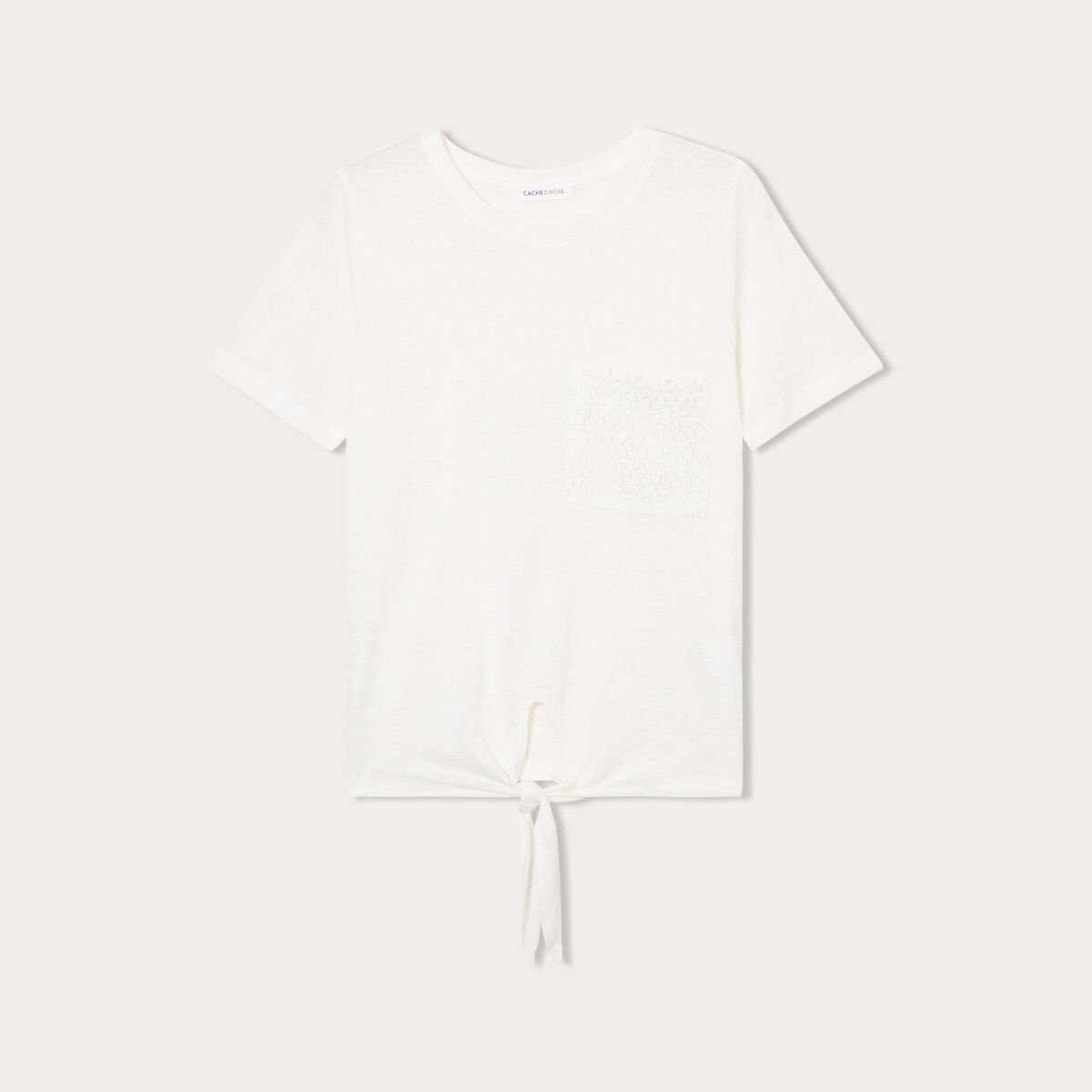 T-shirt d&eacute;tail noeud ecru femme