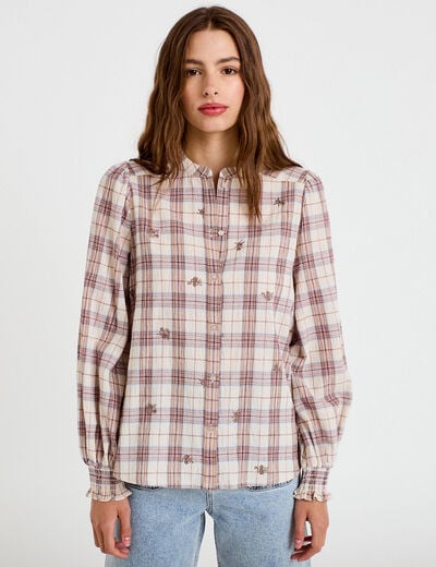 Blouse ample col montant manches longues beige femme