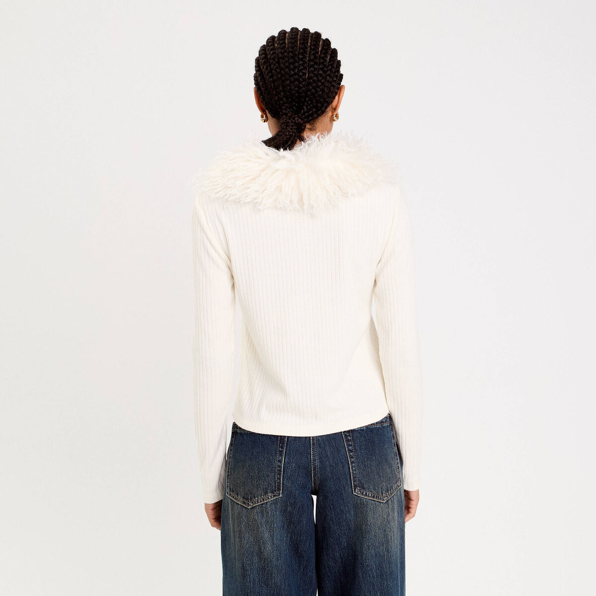 Gilet ajust&eacute; manches longues duveteux ivoire femme