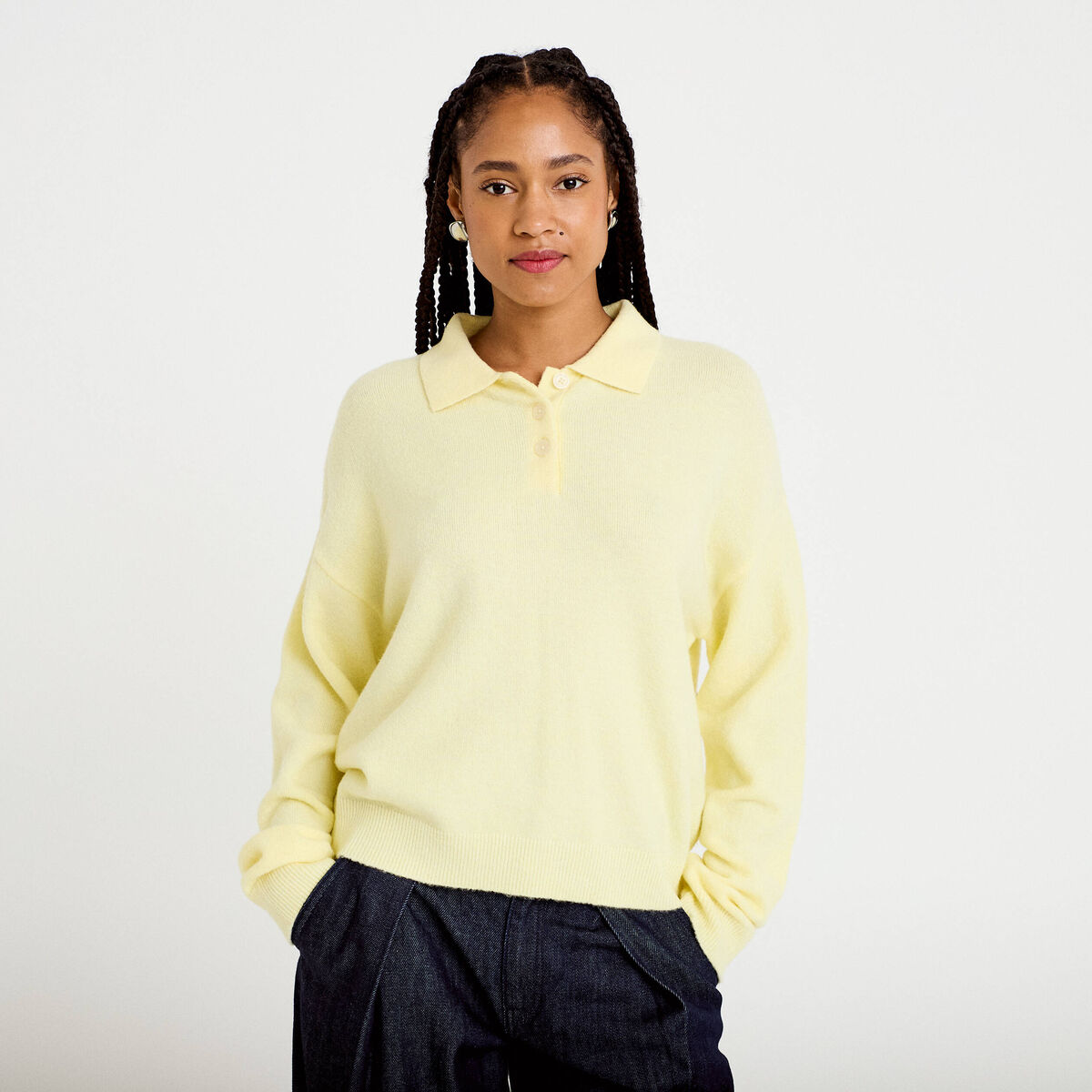 Pull col chemise manches longues jaune clair femme