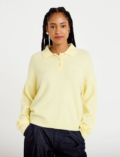 Pull col chemise manches longues jaune clair femme