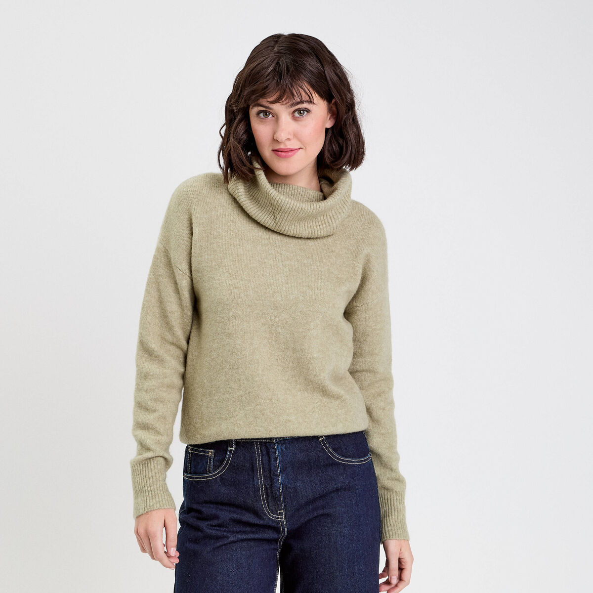 Pull Col Roulé Stretch Kaki - Taille S/M 36/38 - Laine, Viscose, élasthanne