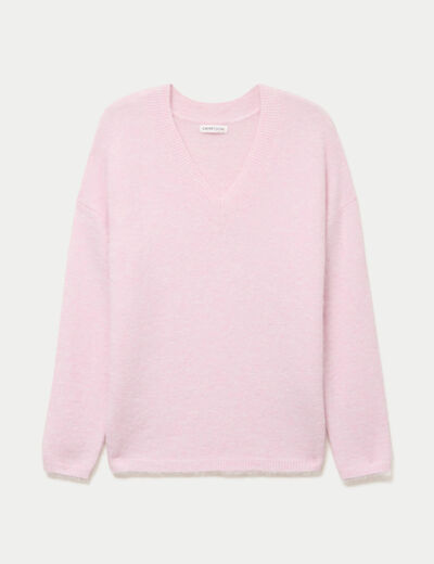 Pull col v manches longues rose clair femme