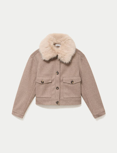 Blouson col fausse fourrure taupe femme