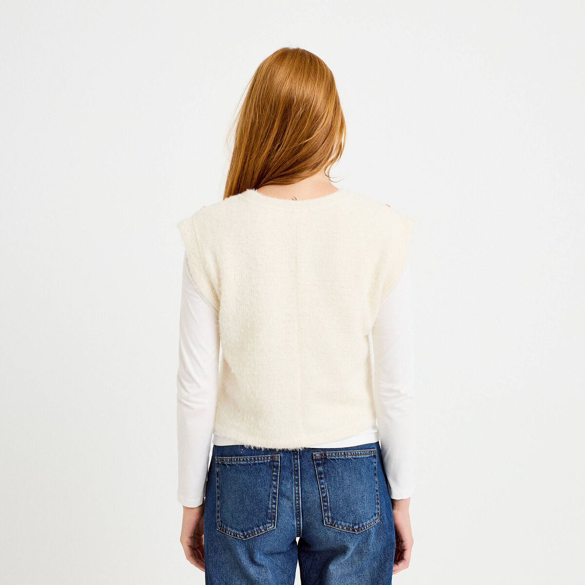 Pull 2-en-1 manches longues col rond ecru femme