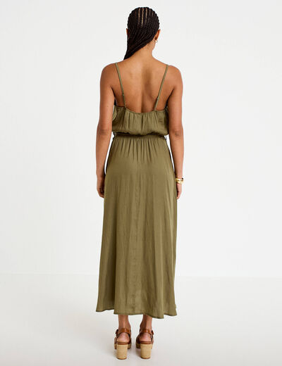 Robe longue &eacute;vas&eacute;e col v bretelles vert kaki femme