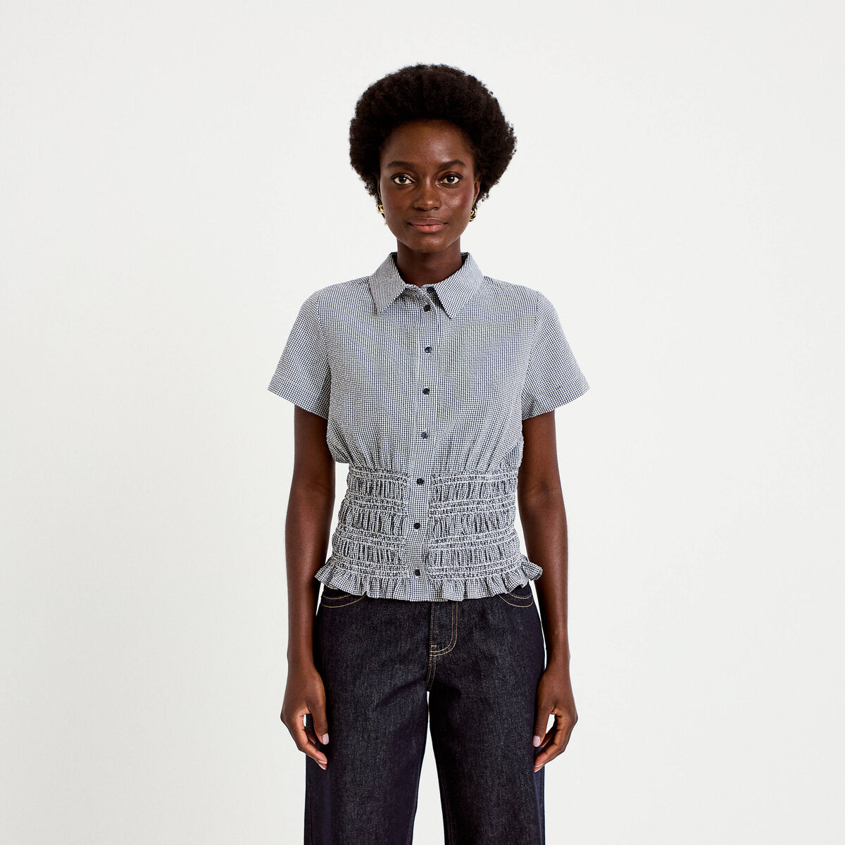 Chemise cintr&eacute;e manches courtes bleu marine femme