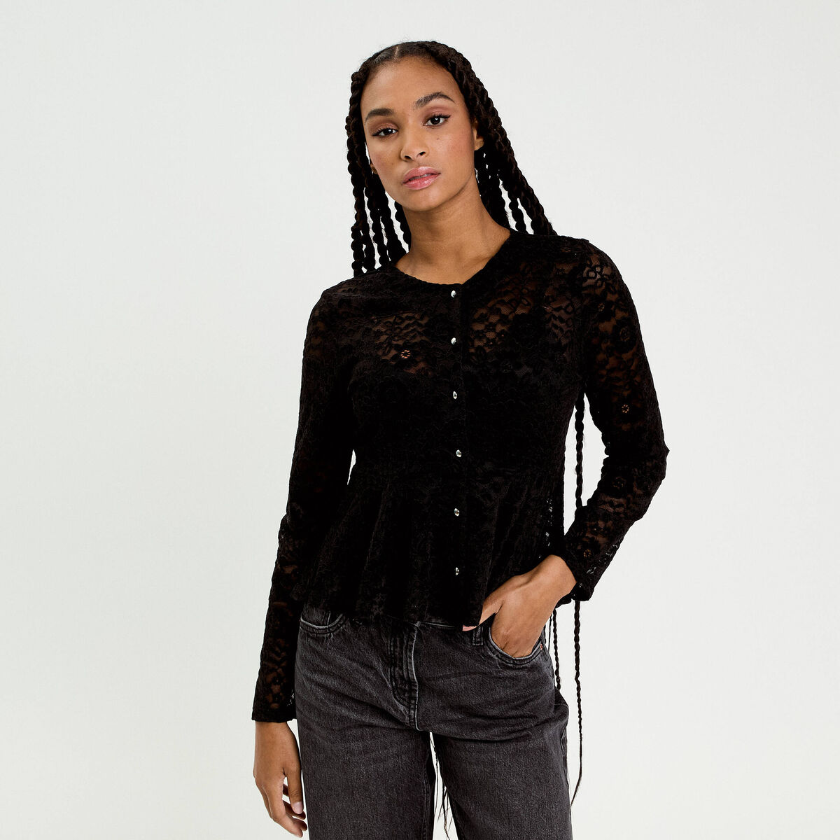 Blouse p&eacute;plum dentelle noir femme