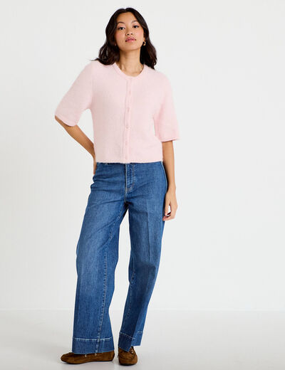 Gilet duveteux manches 3/4 rose clair femme