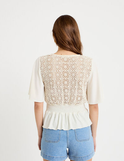 Blouse col v manches courtes ecru femme