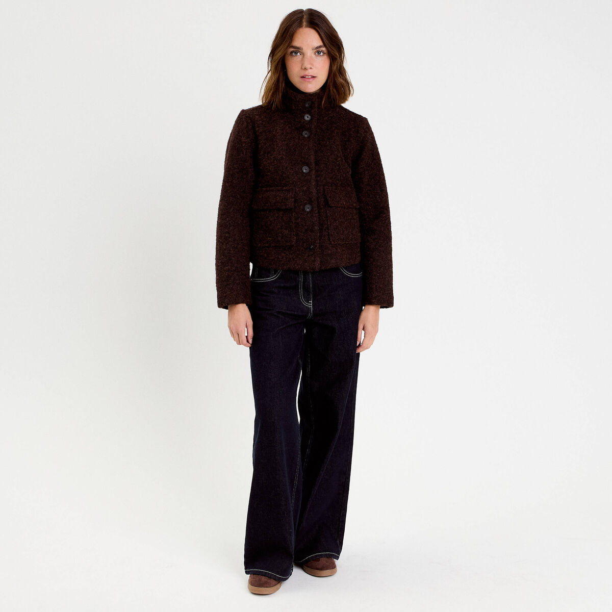 Veste col montant manches longues marron fonc&eacute; femme