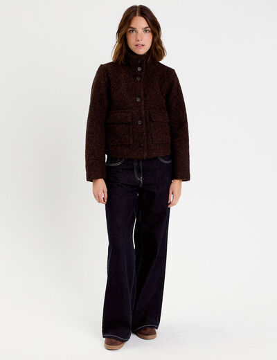 Veste col montant manches longues marron fonc&eacute; femme