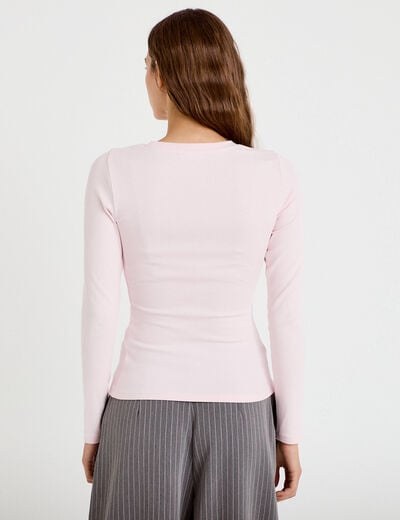 T-shirt cintr&eacute; col rond manches longues rose clair femme