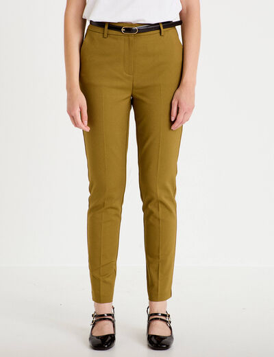 Pantalon cigarette ceintur&eacute; vert kaki femme