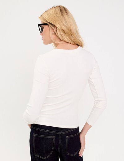 T-shirt cintr&eacute; col rond manches longues ecru femme