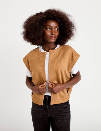 Veste sans manches col rond marron fonc&eacute; femme