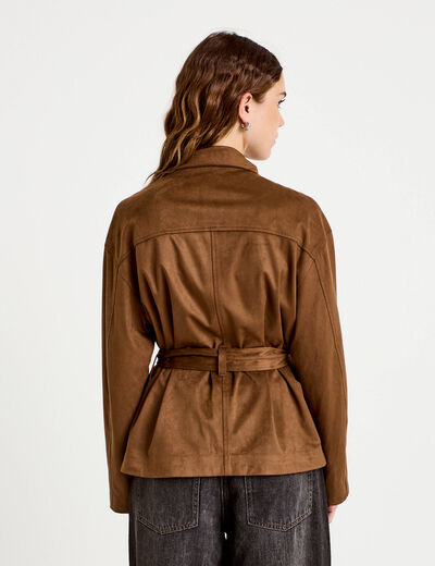 Veste col montant aspect daim marron femme