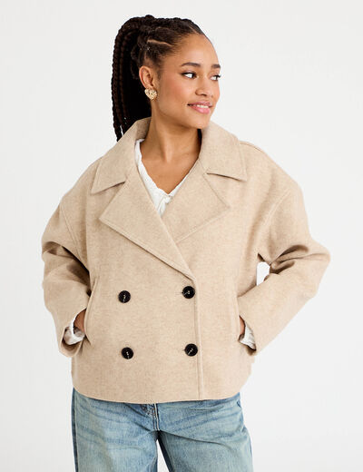 Caban court oversize col tailleur beige femme
