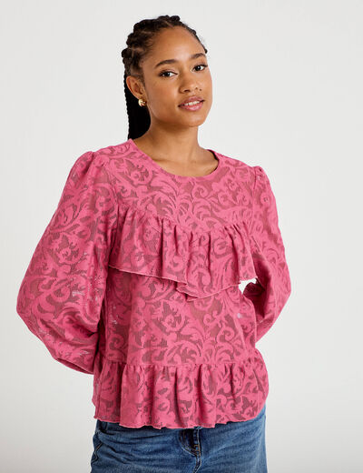 Blouse en dentelle manches longues vieux rose femme