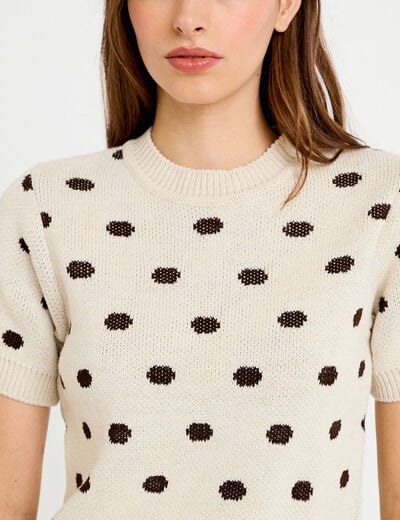 Pull cintr&eacute; col rond manches courtes ecru femme
