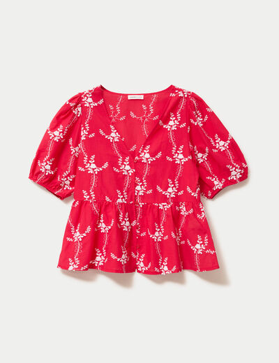 Blouse col v manches courtes brod&eacute;e rouge femme